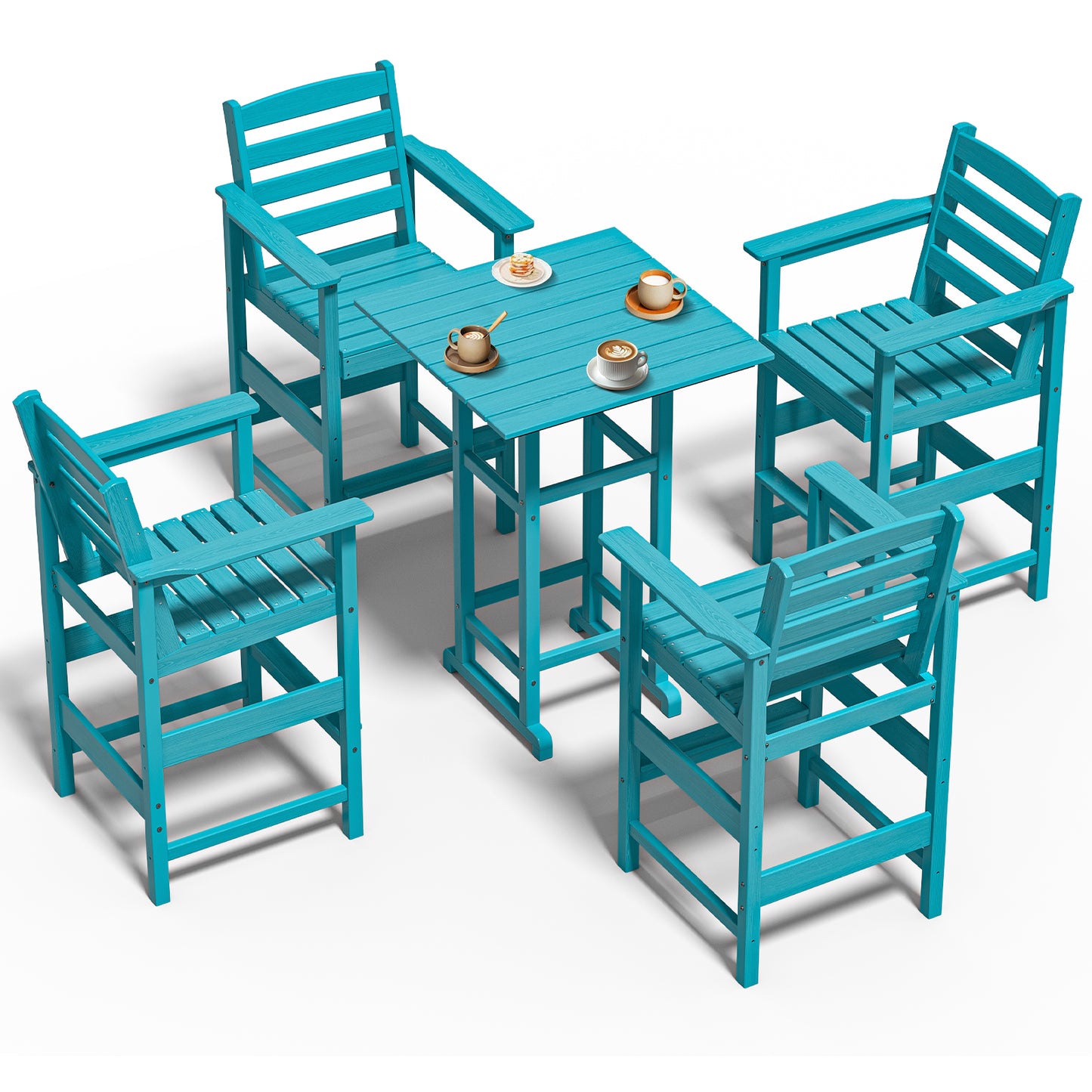 5-Piece HDPE Bar Set – All-Weather Patio Furniture with 4 Tall Chairs & 1 Square Table for Balcony, Garden, or Poolside
