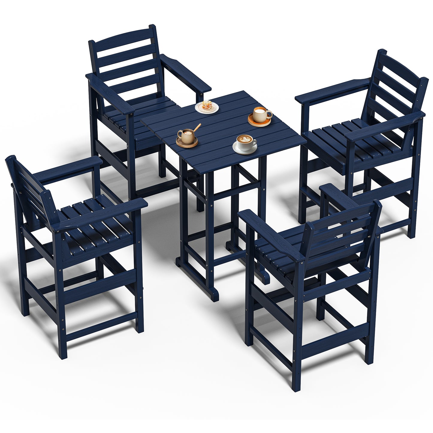 5-Piece HDPE Bar Set – All-Weather Patio Furniture with 4 Tall Chairs & 1 Square Table for Balcony, Garden, or Poolside