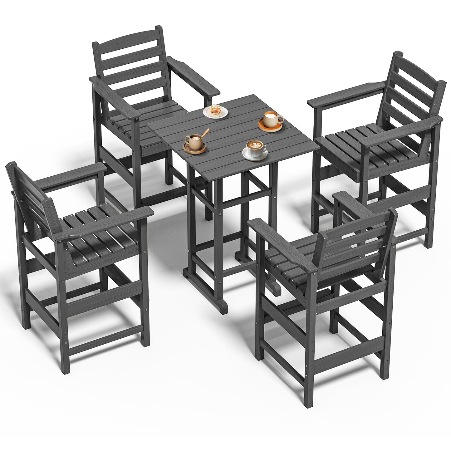 5-Piece HDPE Bar Set – All-Weather Patio Furniture with 4 Tall Chairs & 1 Square Table for Balcony, Garden, or Poolside