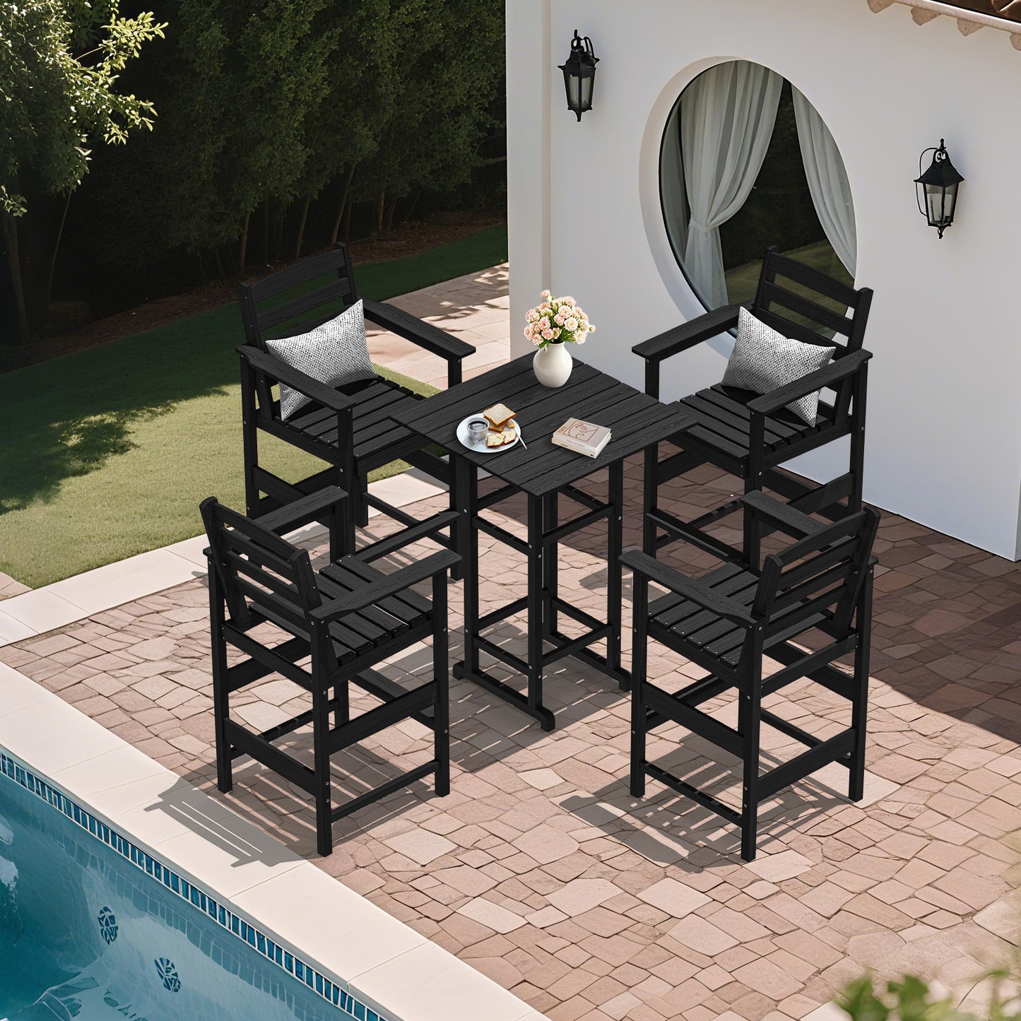 5-Piece HDPE Bar Set – All-Weather Patio Furniture with 4 Tall Chairs & 1 Square Table for Balcony, Garden, or Poolside