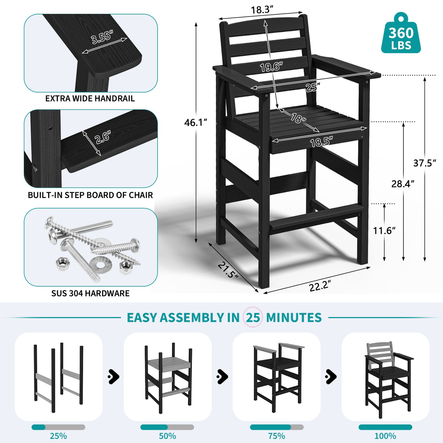 5-Piece HDPE Bar Set – All-Weather Patio Furniture with 4 Tall Chairs & 1 Square Table for Balcony, Garden, or Poolside