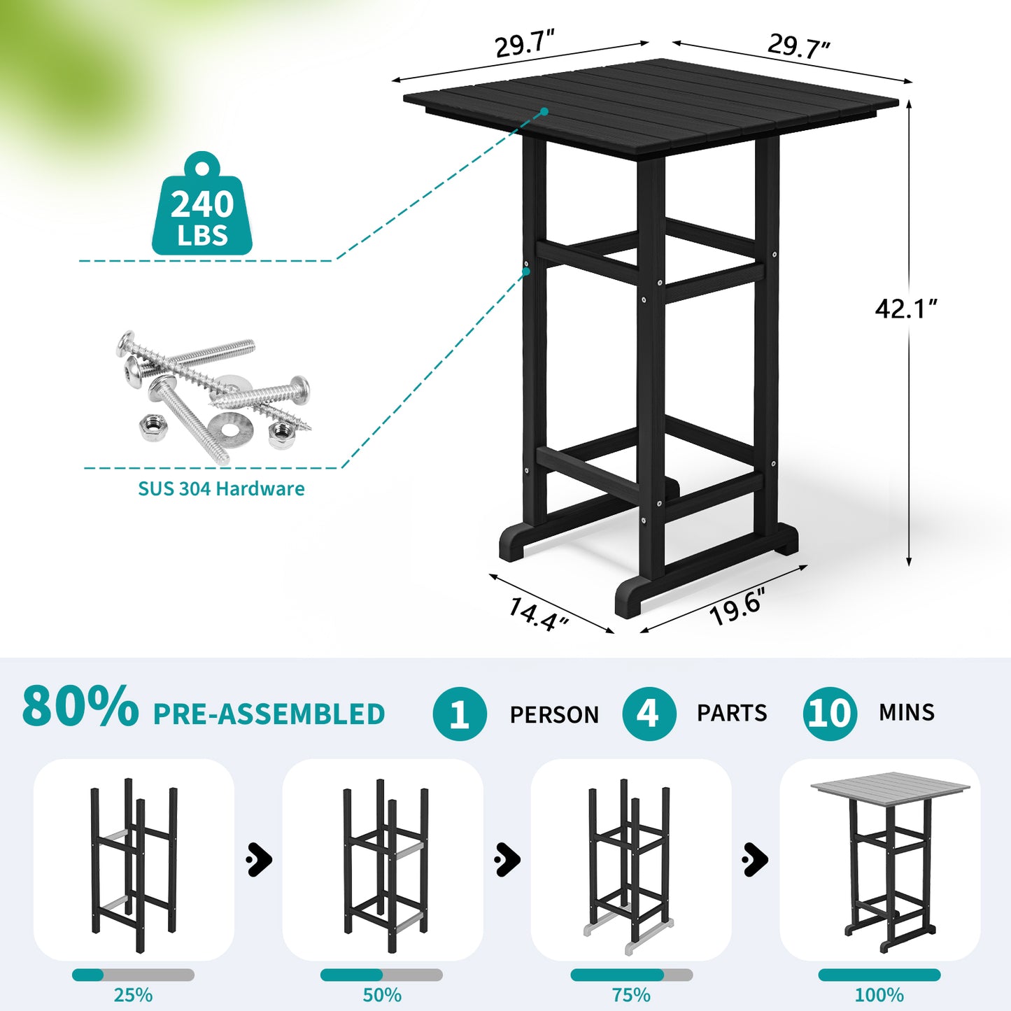 5-Piece HDPE Bar Set – All-Weather Patio Furniture with 4 Tall Chairs & 1 Square Table for Balcony, Garden, or Poolside
