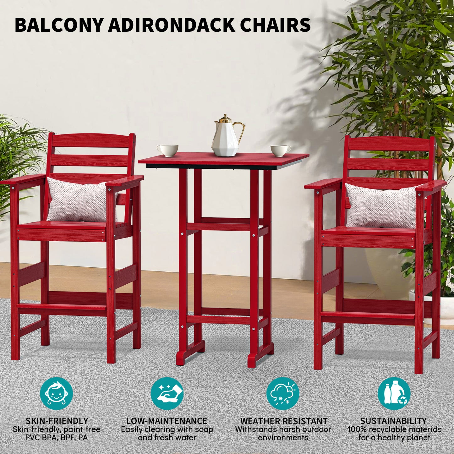 3-Piece All-Weather HDPE Bar Set – HDPE Bar Table with 2 Tall Bar Chairs, Fade-Resistant Outdoor Furniture for Balcony or Poolside