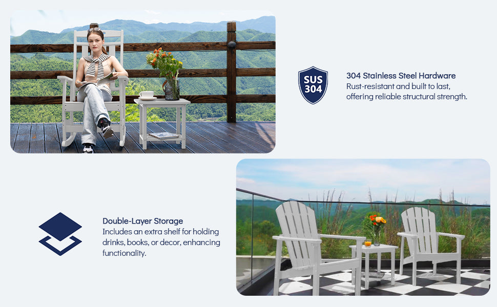 HDPE Adirondack 2-Tier End Table - Wood Texture, Weatherproof Outdoor Side Table - Sturdy & Durable for Patio, Poolside, Lawn, or Indoor Use