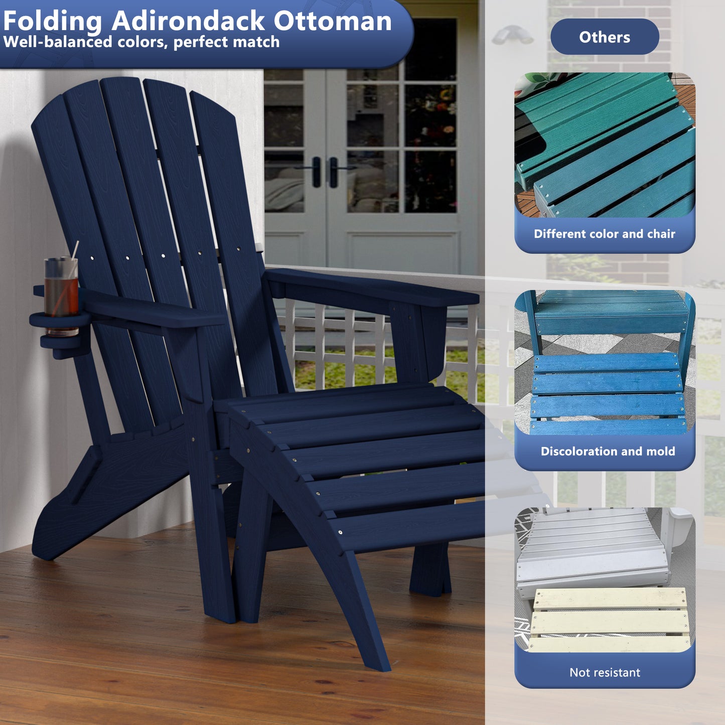Nevilywood Folding Ottoman for Adirondack Chair – Weatherproof HDPE Footrest for Patio & Garden – Crack-Resistant, Fade-Proof, and Simple Assembly.