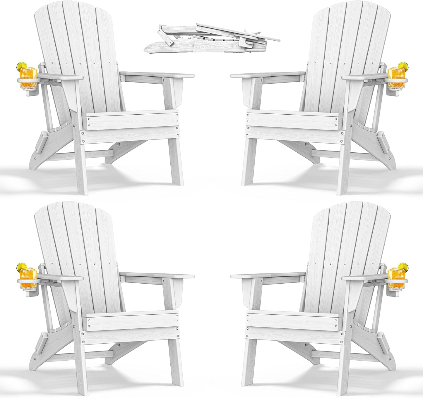 Adirondack Chair Set of 4 – Foldable, All-Weather HDPE Outdoor Chairs with Cup Holders – Comfortable & Durable Patio Seating for Lawn, Garden, Deck