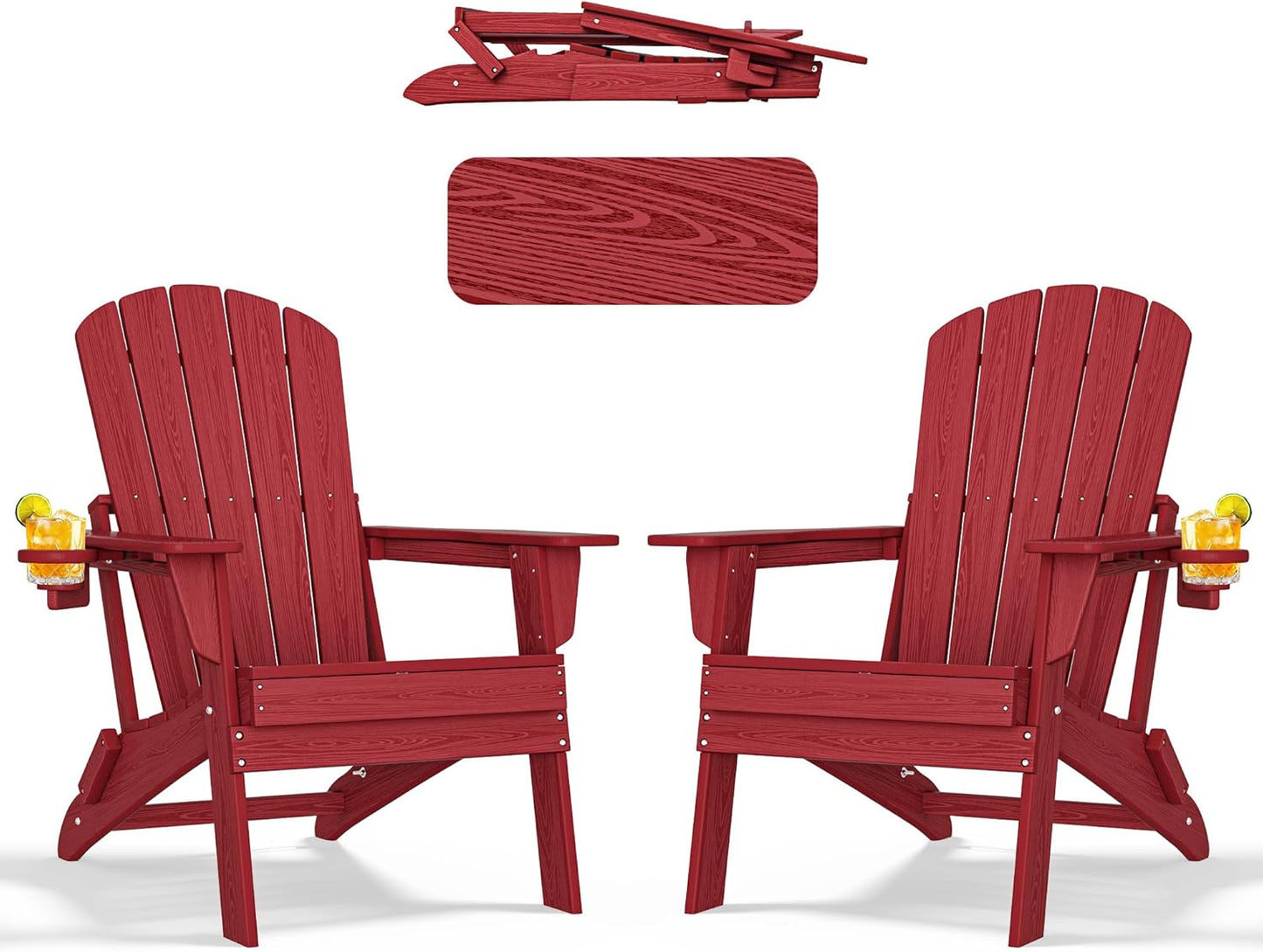 Adirondack Chair Set of 2 – Foldable, All-Weather HDPE Patio Chairs with Cup Holder – Durable & Comfortable Outdoor Seating for Lawn, Deck, and Garden