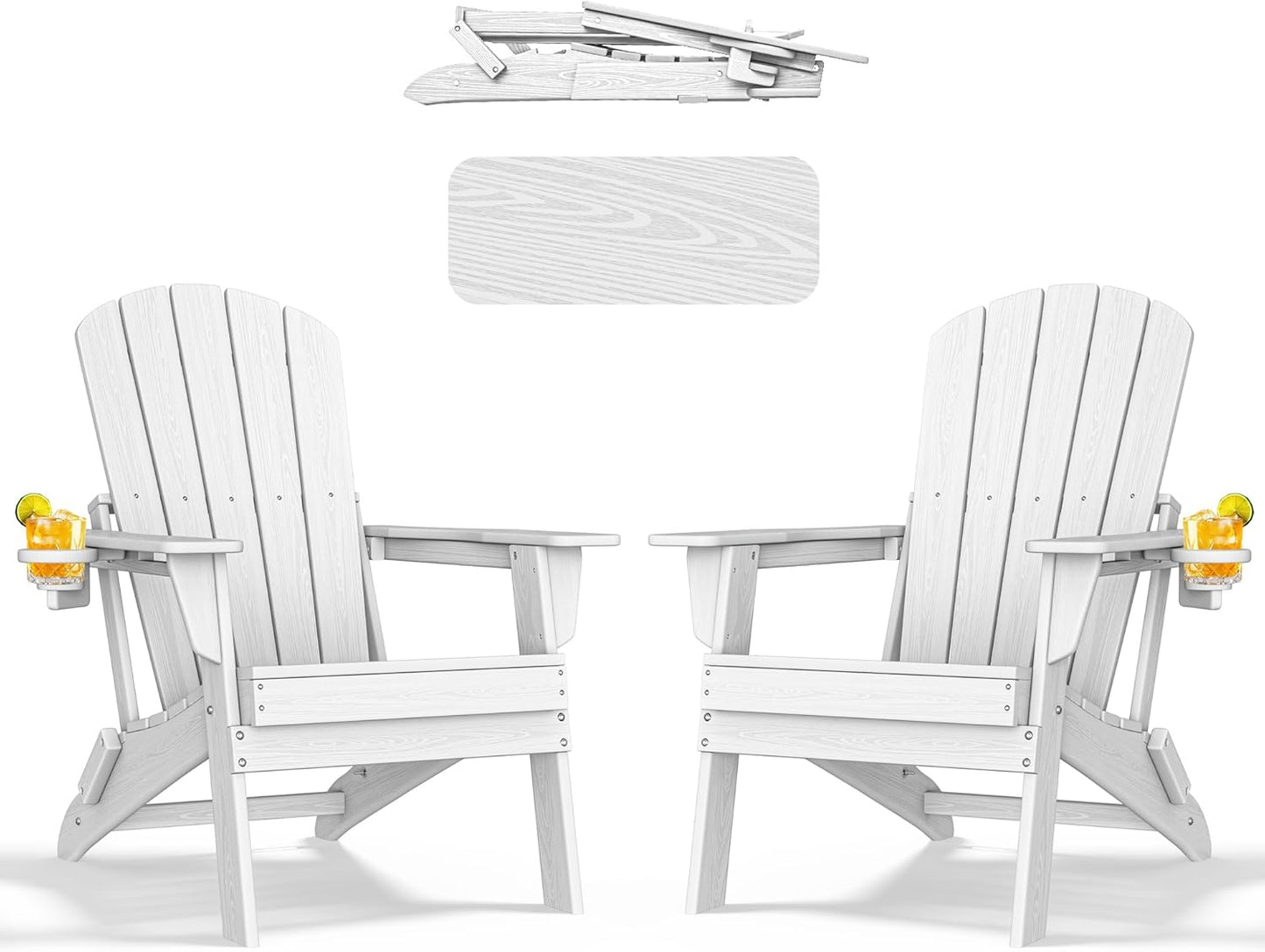 Adirondack Chair Set of 2 – Foldable, All-Weather HDPE Patio Chairs with Cup Holder – Durable & Comfortable Outdoor Seating for Lawn, Deck, and Garden