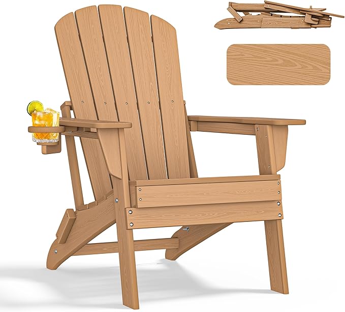 NEVILYWOOD HDPE Folding Adirondack Chair with Cup Holder Shell Back Design