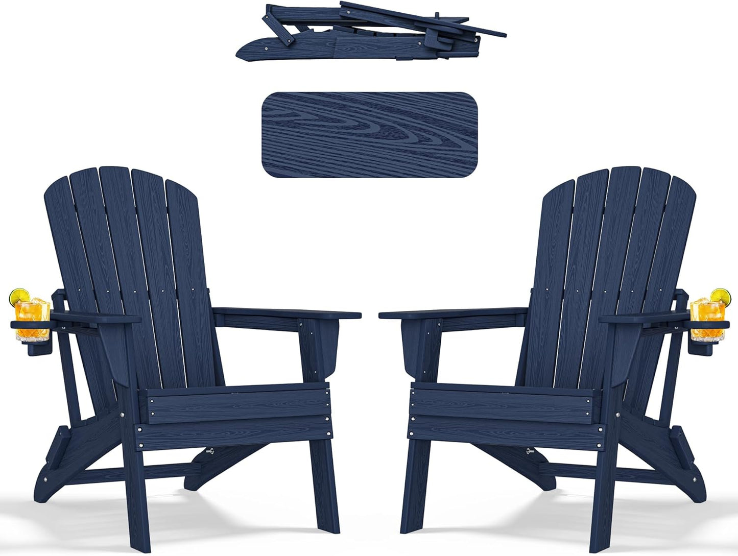 Adirondack Chair Set of 2 – Foldable, All-Weather HDPE Patio Chairs with Cup Holder – Durable & Comfortable Outdoor Seating for Lawn, Deck, and Garden