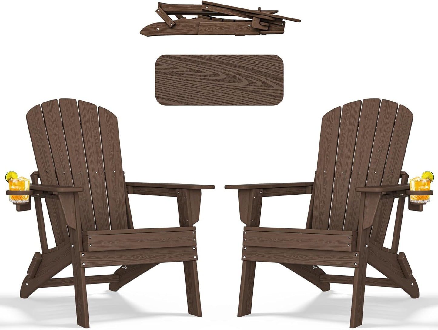 Adirondack Chair Set of 2 – Foldable, All-Weather HDPE Patio Chairs with Cup Holder – Durable & Comfortable Outdoor Seating for Lawn, Deck, and Garden