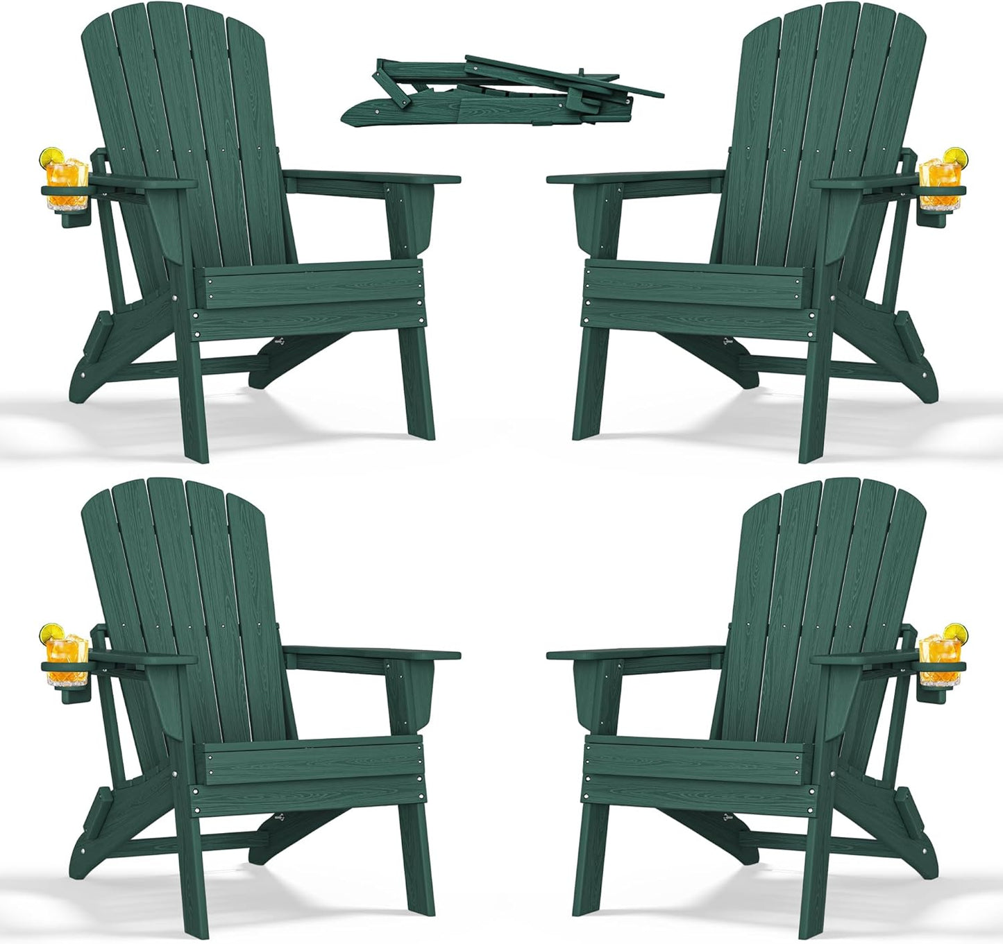 Adirondack Chair Set of 4 – Foldable, All-Weather HDPE Outdoor Chairs with Cup Holders – Comfortable & Durable Patio Seating for Lawn, Garden, Deck