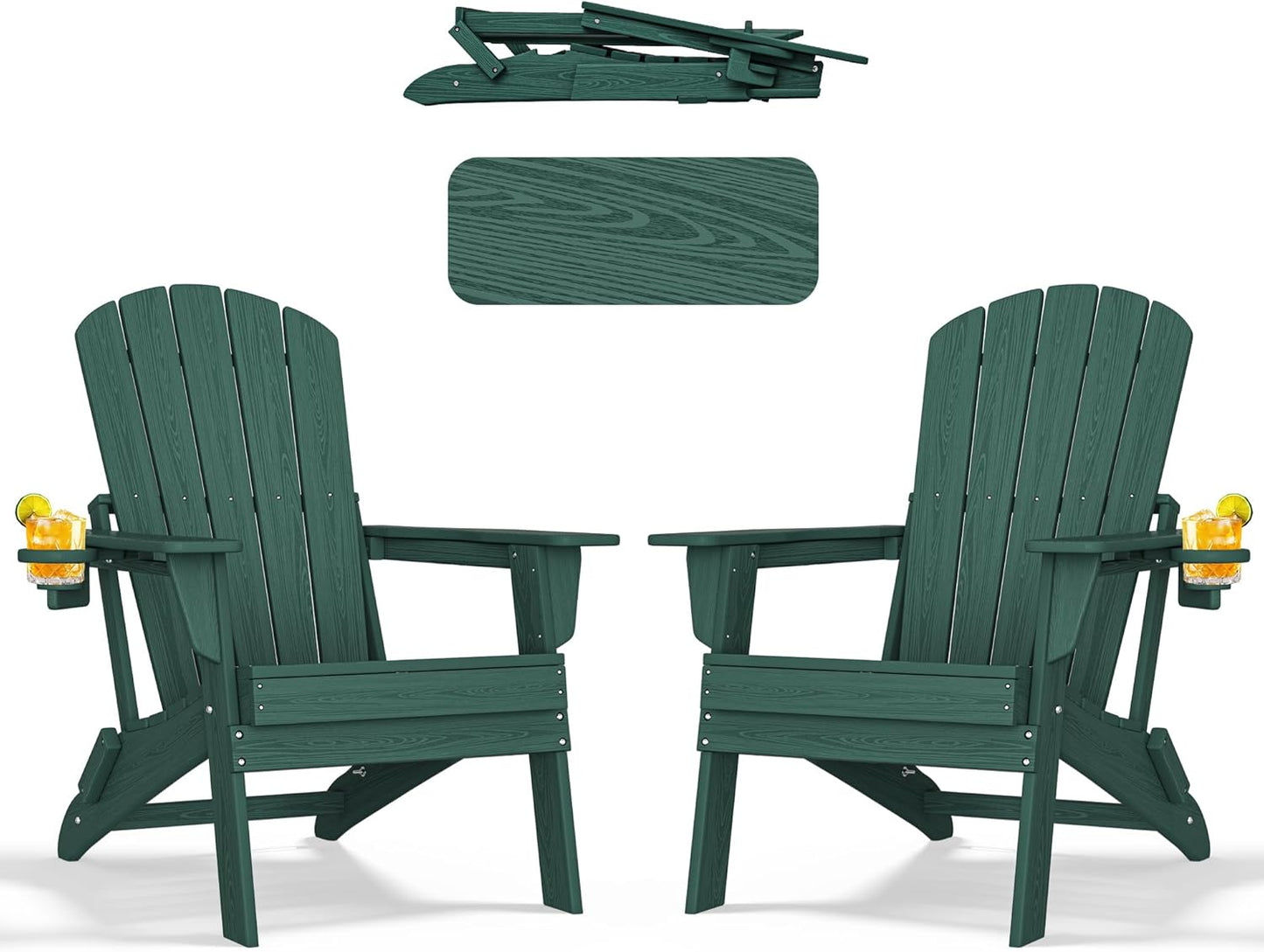 Adirondack Chair Set of 2 – Foldable, All-Weather HDPE Patio Chairs with Cup Holder – Durable & Comfortable Outdoor Seating for Lawn, Deck, and Garden