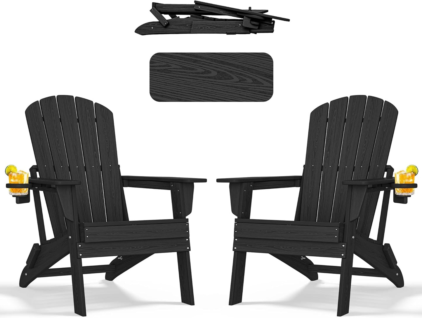 Adirondack Chair Set of 2 – Foldable, All-Weather HDPE Patio Chairs with Cup Holder – Durable & Comfortable Outdoor Seating for Lawn, Deck, and Garden