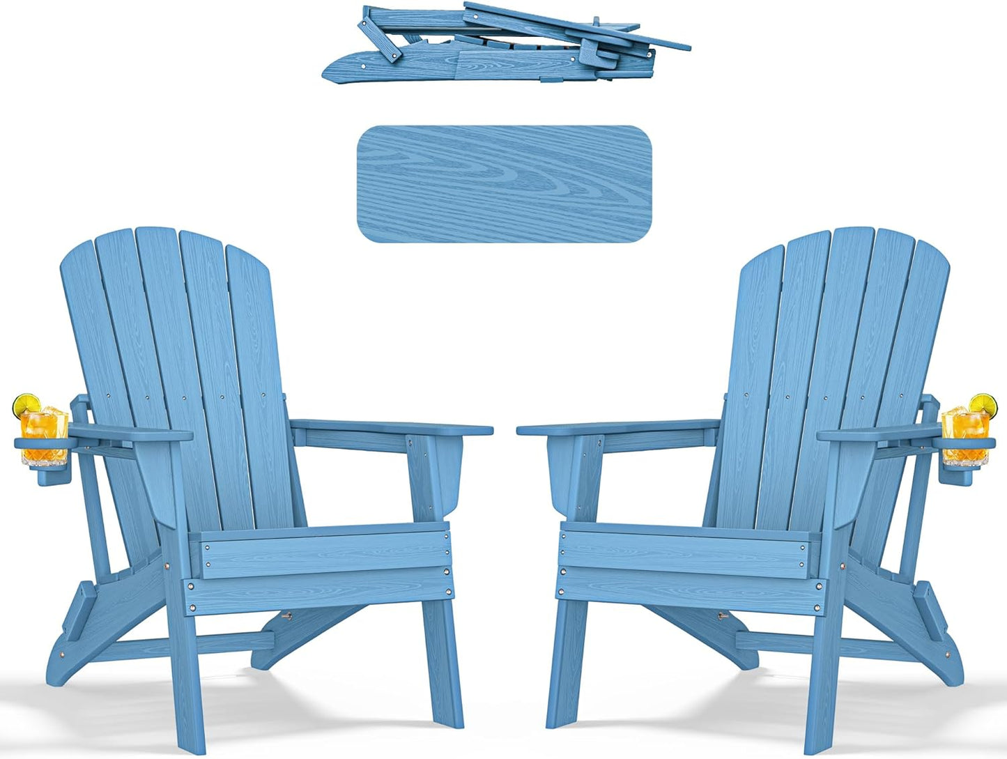Adirondack Chair Set of 2 – Foldable, All-Weather HDPE Patio Chairs with Cup Holder – Durable & Comfortable Outdoor Seating for Lawn, Deck, and Garden