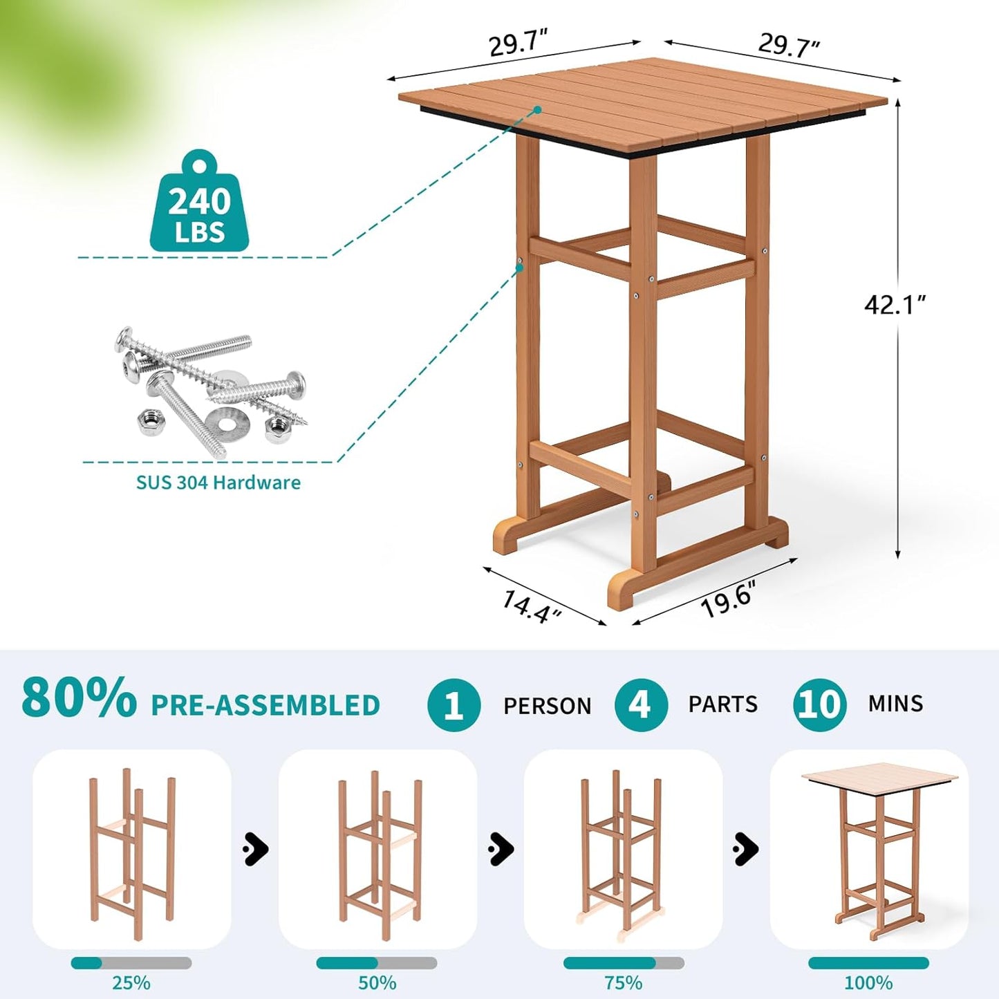 All-Weather HDPE 42" Square Bar Table – Tall Patio Pub Table with Footrest, Faux Wood Grain, Indoor/Outdoor Use