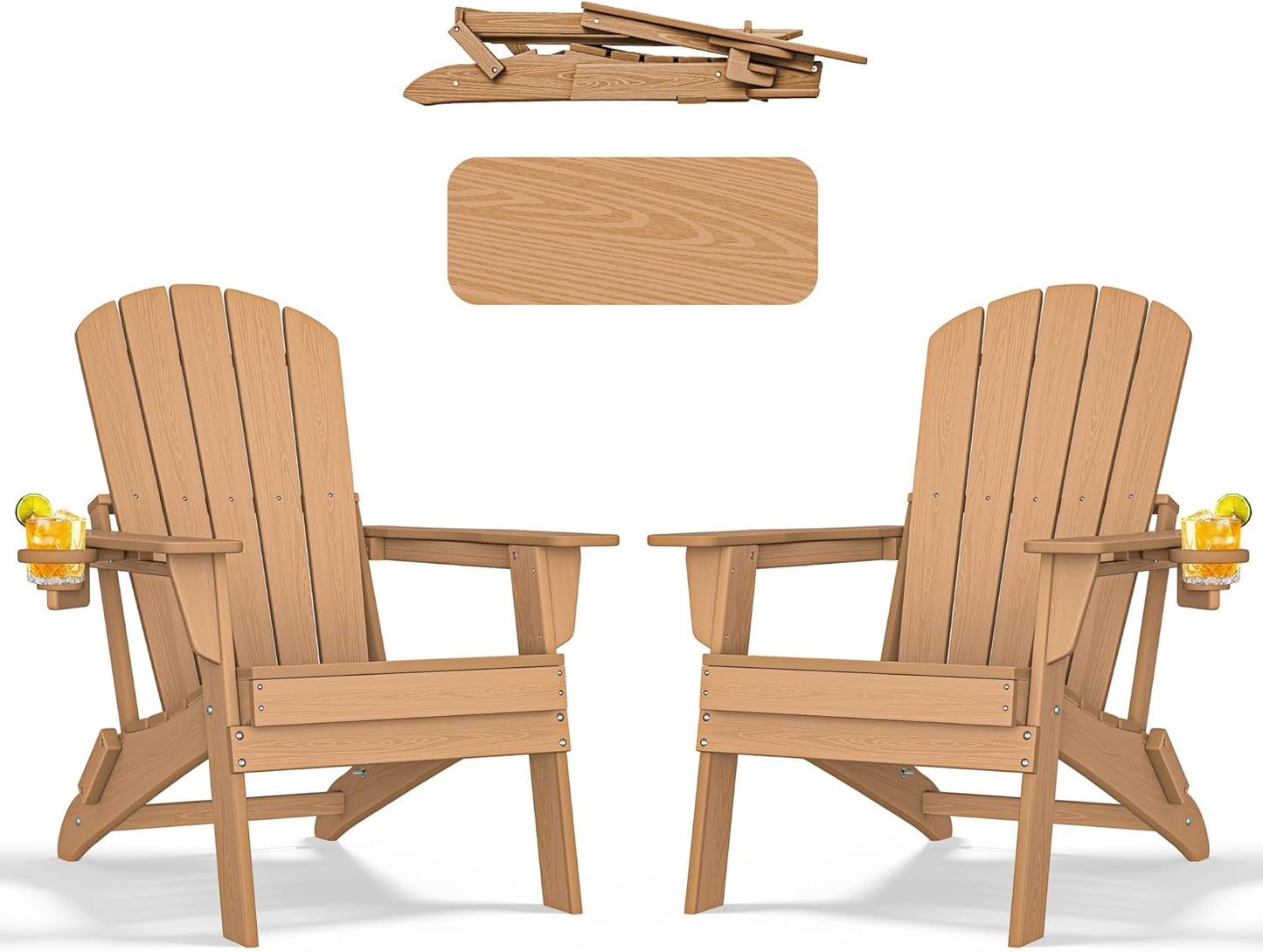 Adirondack Chair Set of 2 – Foldable, All-Weather HDPE Patio Chairs with Cup Holder – Durable & Comfortable Outdoor Seating for Lawn, Deck, and Garden