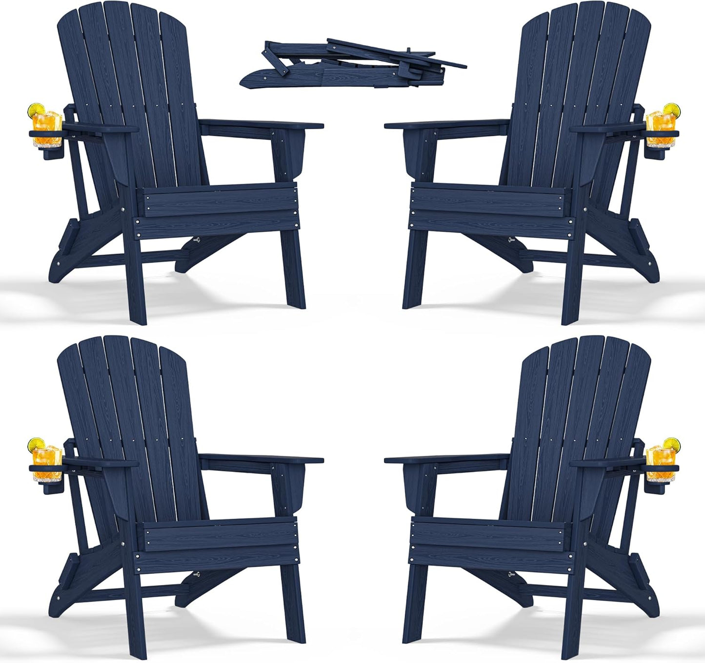 Adirondack Chair Set of 4 – Foldable, All-Weather HDPE Outdoor Chairs with Cup Holders – Comfortable & Durable Patio Seating for Lawn, Garden, Deck