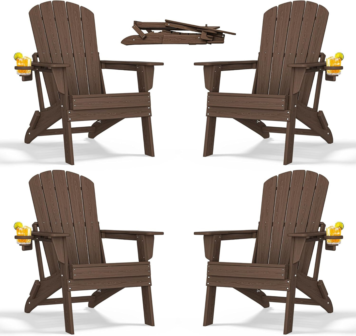 Adirondack Chair Set of 4 – Foldable, All-Weather HDPE Outdoor Chairs with Cup Holders – Comfortable & Durable Patio Seating for Lawn, Garden, Deck