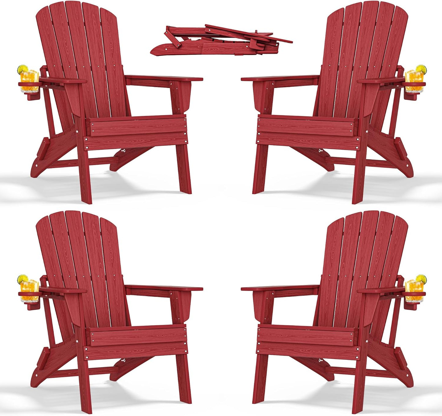 Adirondack Chair Set of 4 – Foldable, All-Weather HDPE Outdoor Chairs with Cup Holders – Comfortable & Durable Patio Seating for Lawn, Garden, Deck