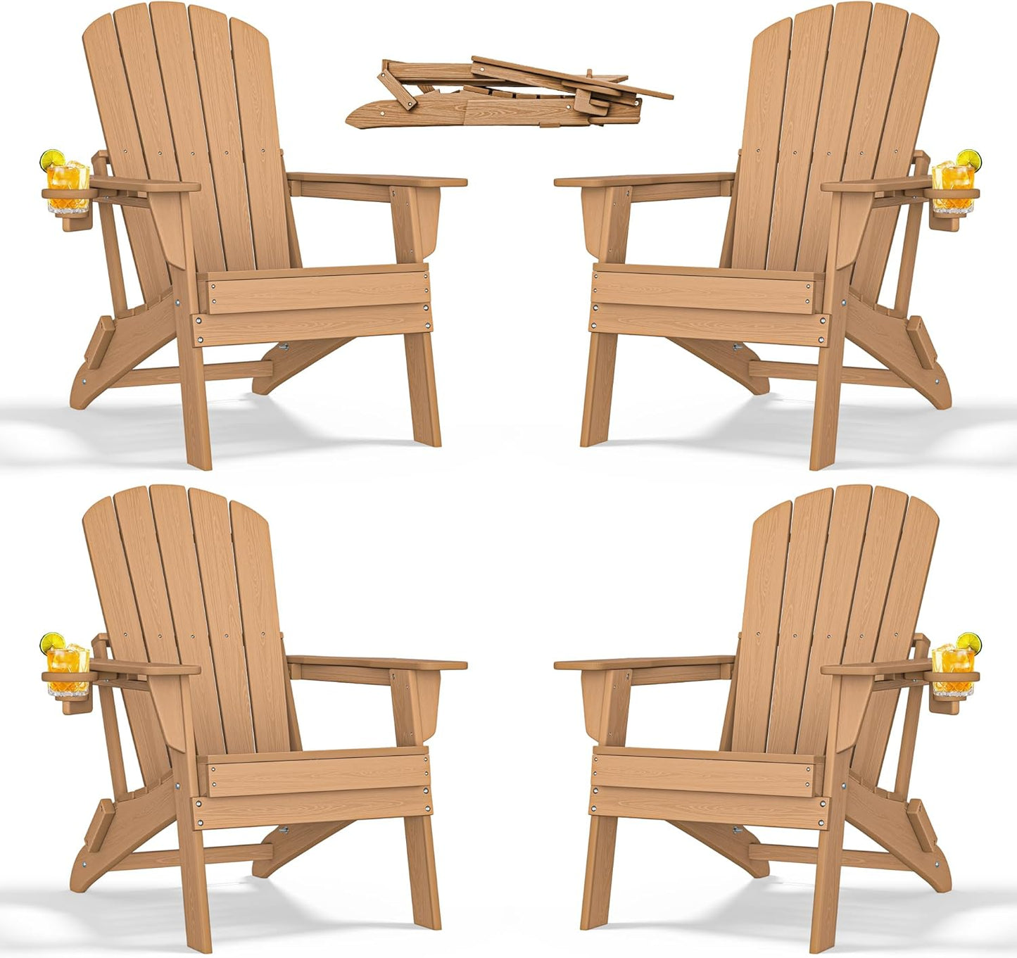 Adirondack Chair Set of 4 – Foldable, All-Weather HDPE Outdoor Chairs with Cup Holders – Comfortable & Durable Patio Seating for Lawn, Garden, Deck