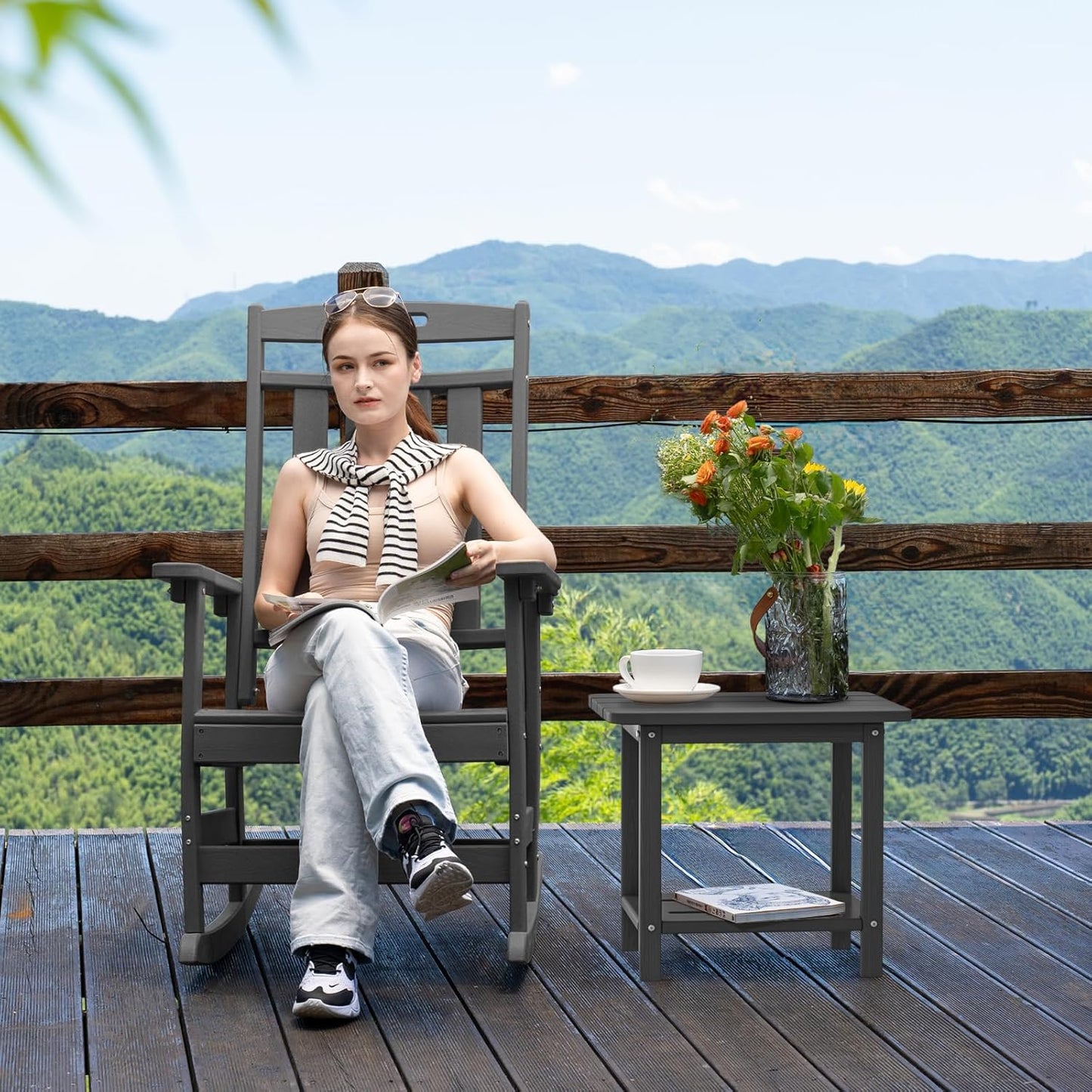 HDPE Adirondack 2-Tier End Table - Wood Texture, Weatherproof Outdoor Side Table - Sturdy & Durable for Patio, Poolside, Lawn, or Indoor Use
