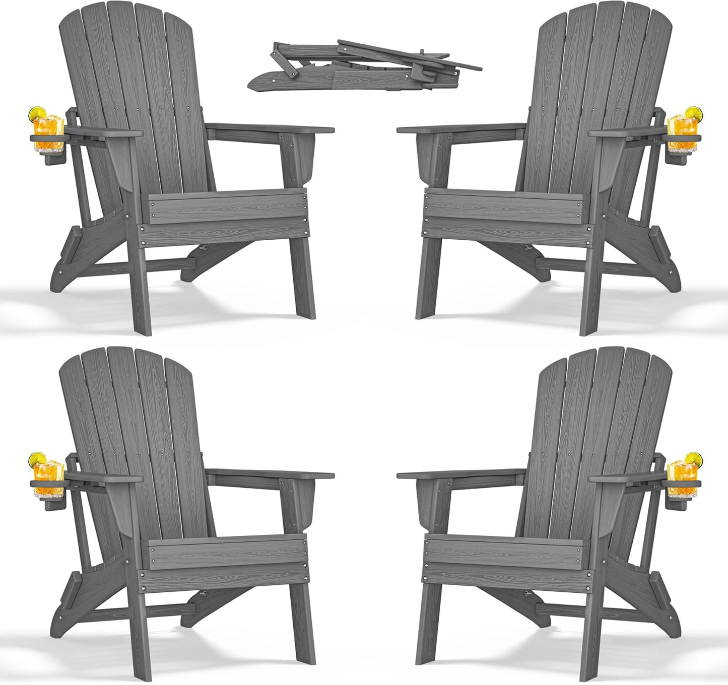 Adirondack Chair Set of 4 – Foldable, All-Weather HDPE Outdoor Chairs with Cup Holders – Comfortable & Durable Patio Seating for Lawn, Garden, Deck