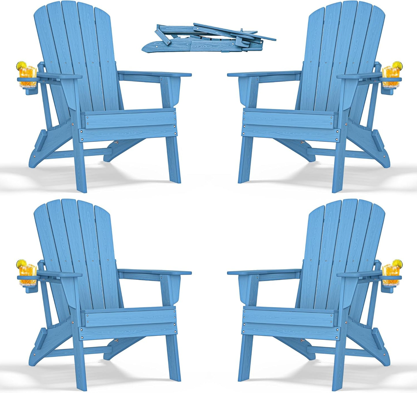 Adirondack Chair Set of 4 – Foldable, All-Weather HDPE Outdoor Chairs with Cup Holders – Comfortable & Durable Patio Seating for Lawn, Garden, Deck
