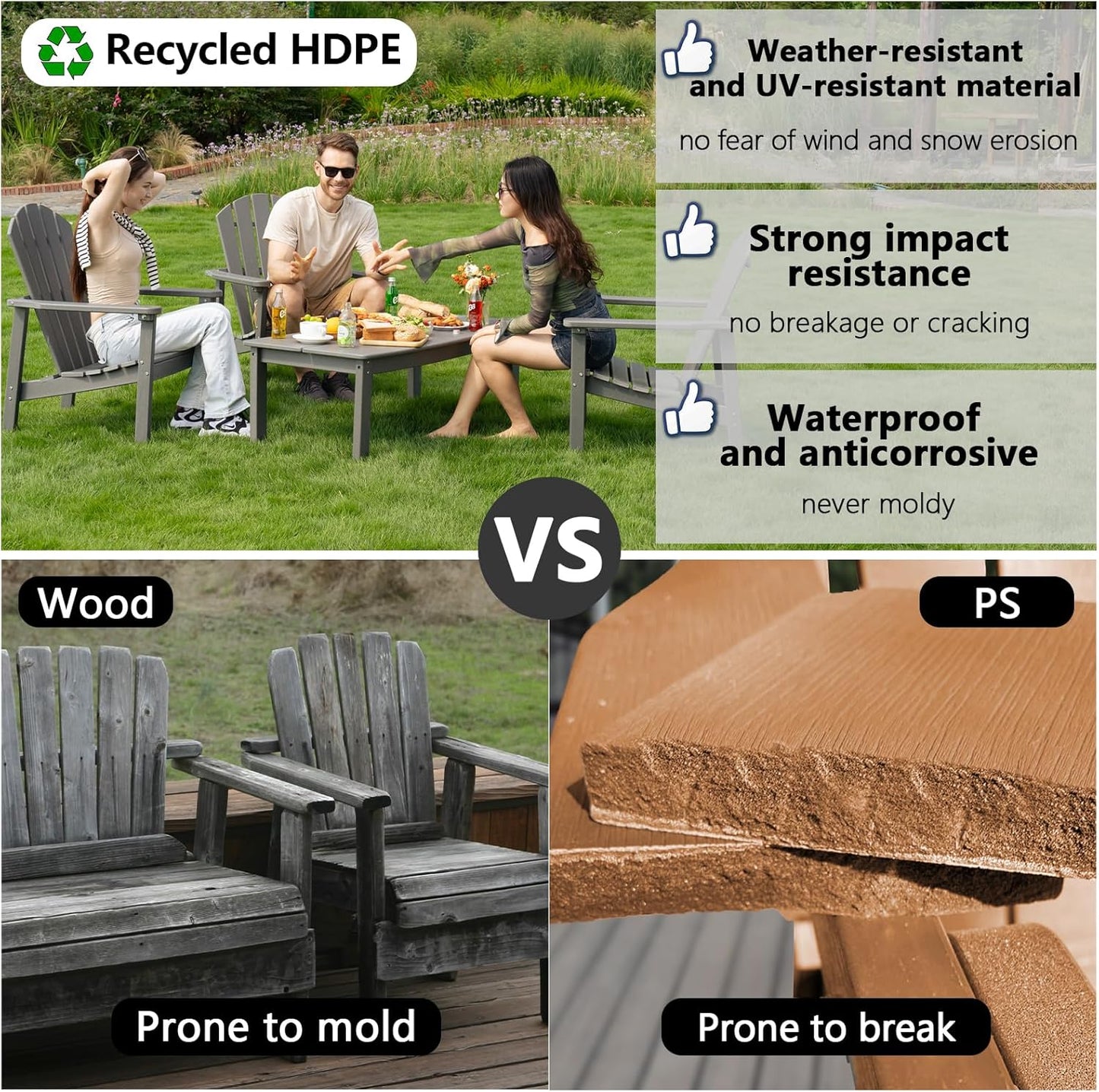 Stackable Adirondack Chair - All-Weather HDPE Outdoor Patio Chair - Durable & Space-Saving for Easy Storage - Perfect for Porch, Lawn, or Garden