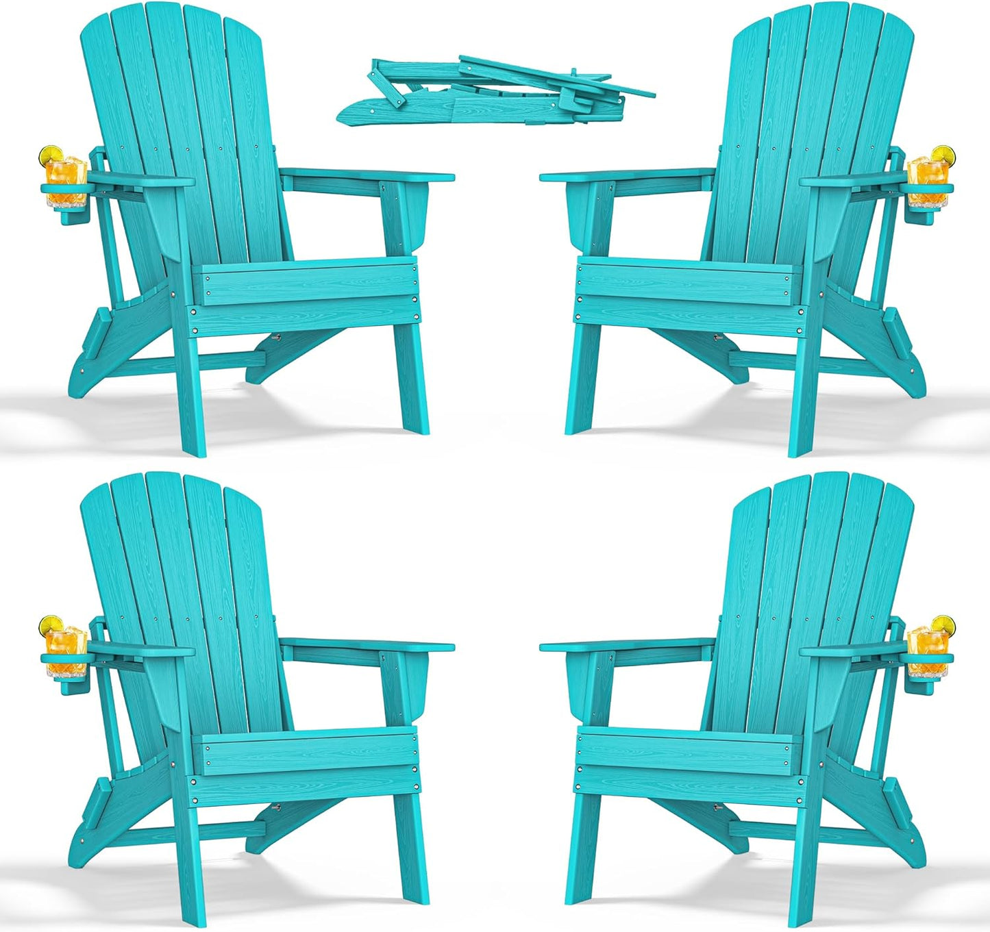 Adirondack Chair Set of 4 – Foldable, All-Weather HDPE Outdoor Chairs with Cup Holders – Comfortable & Durable Patio Seating for Lawn, Garden, Deck