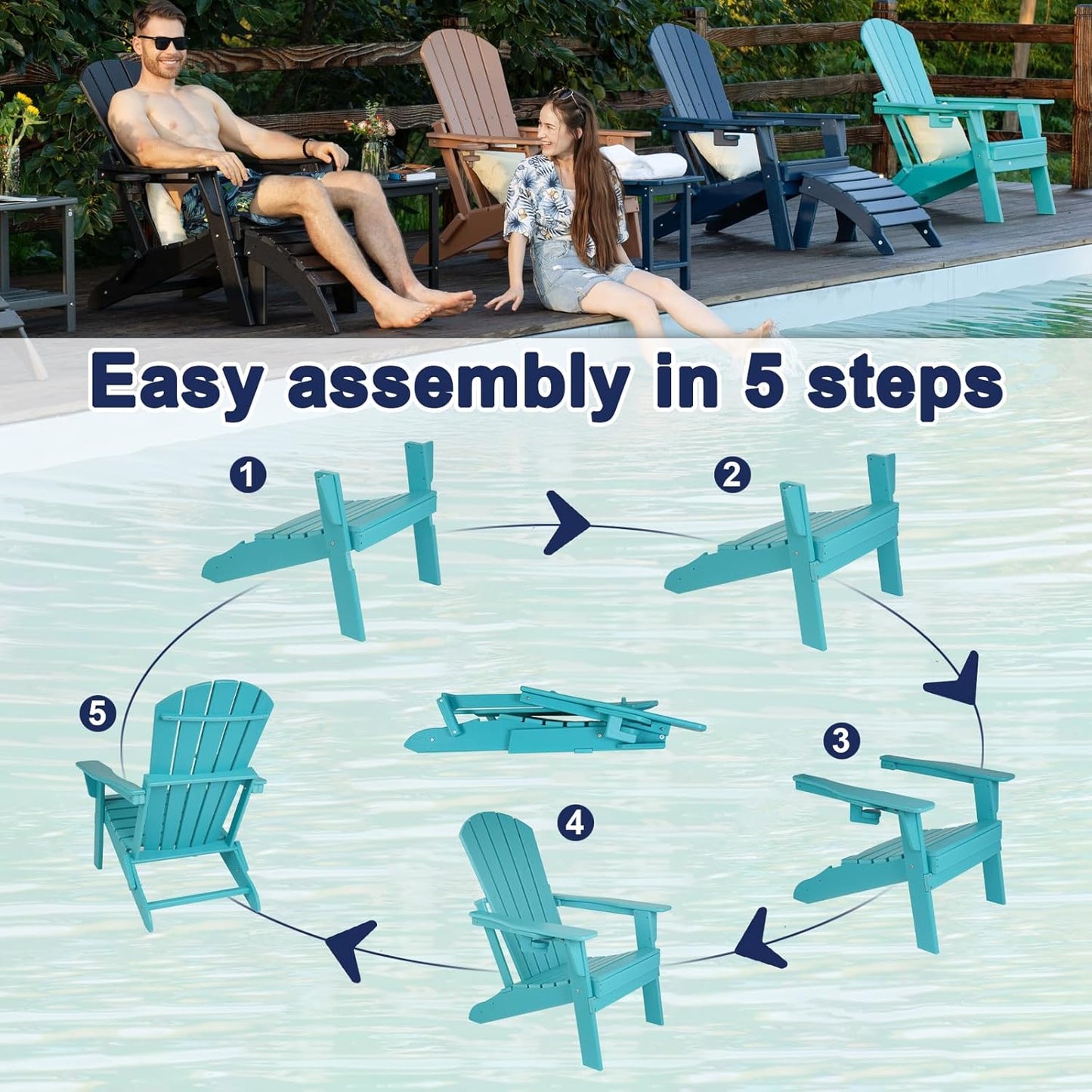 Adirondack Chair Set of 2 – Foldable, All-Weather HDPE Patio Chairs with Cup Holder – Durable & Comfortable Outdoor Seating for Lawn, Deck, and Garden