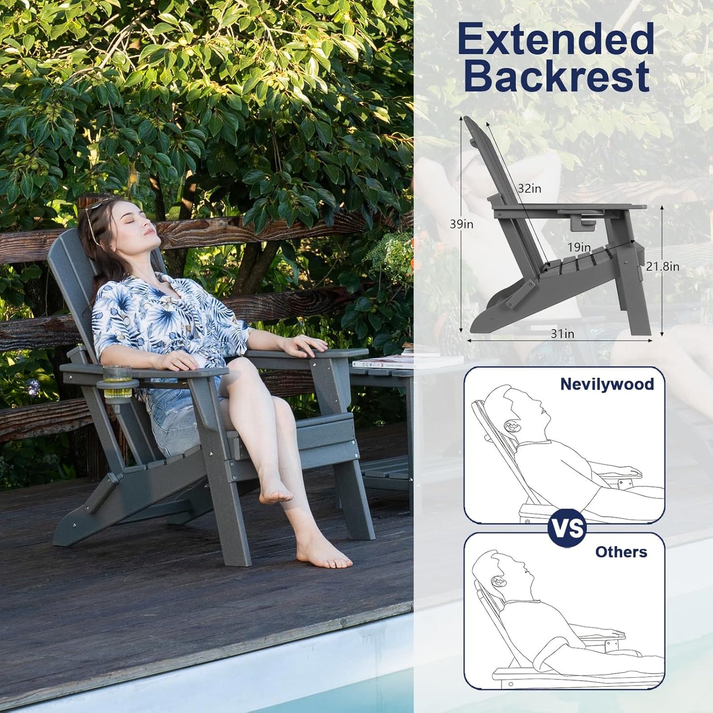 Adirondack Chair Set of 2 – Foldable, All-Weather HDPE Patio Chairs with Cup Holder – Durable & Comfortable Outdoor Seating for Lawn, Deck, and Garden