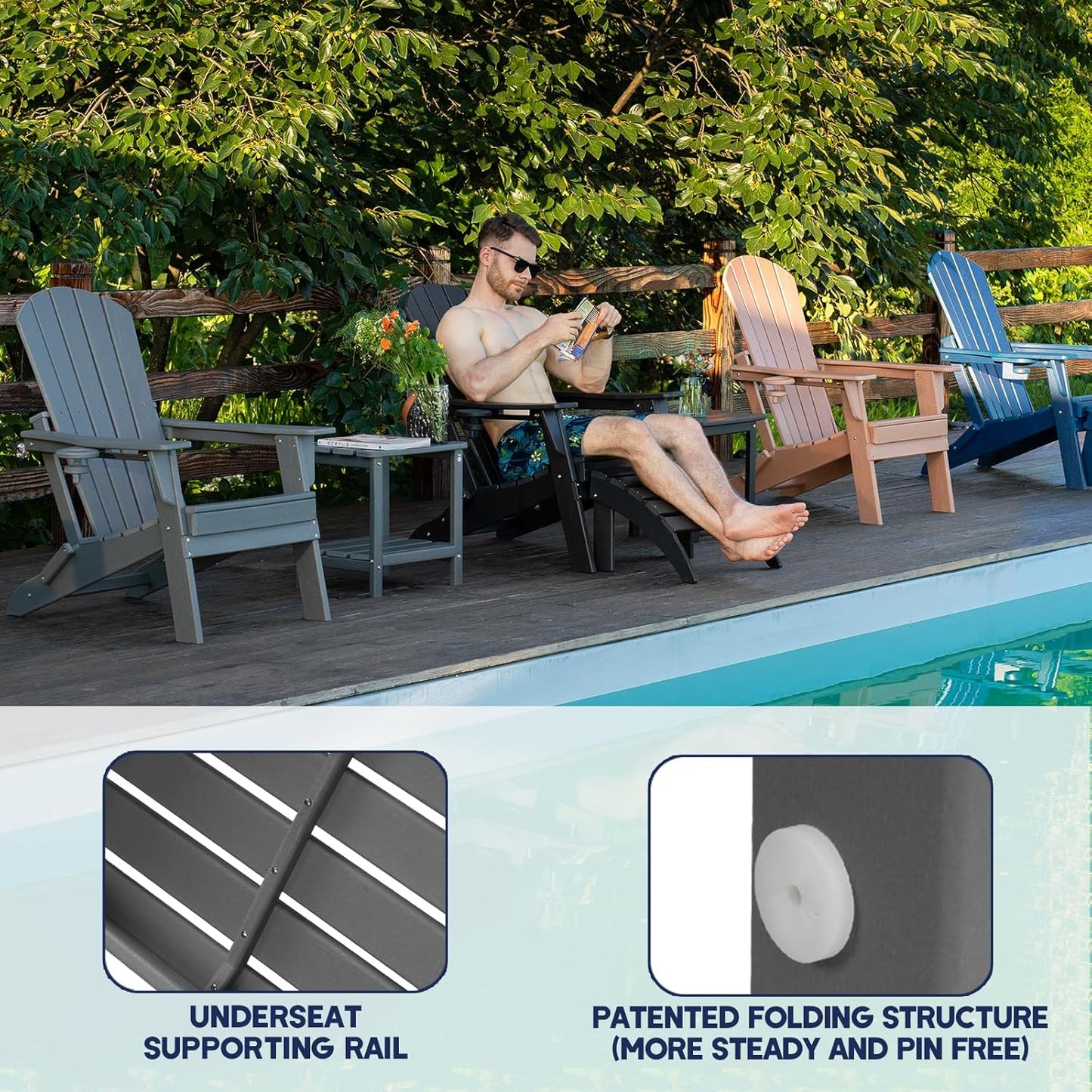 Adirondack Chair Set of 2 – Foldable, All-Weather HDPE Patio Chairs with Cup Holder – Durable & Comfortable Outdoor Seating for Lawn, Deck, and Garden