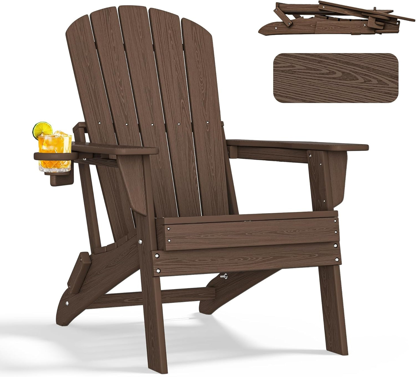 NEVILYWOOD HDPE Folding Adirondack Chair with Cup Holder Shell Back Design