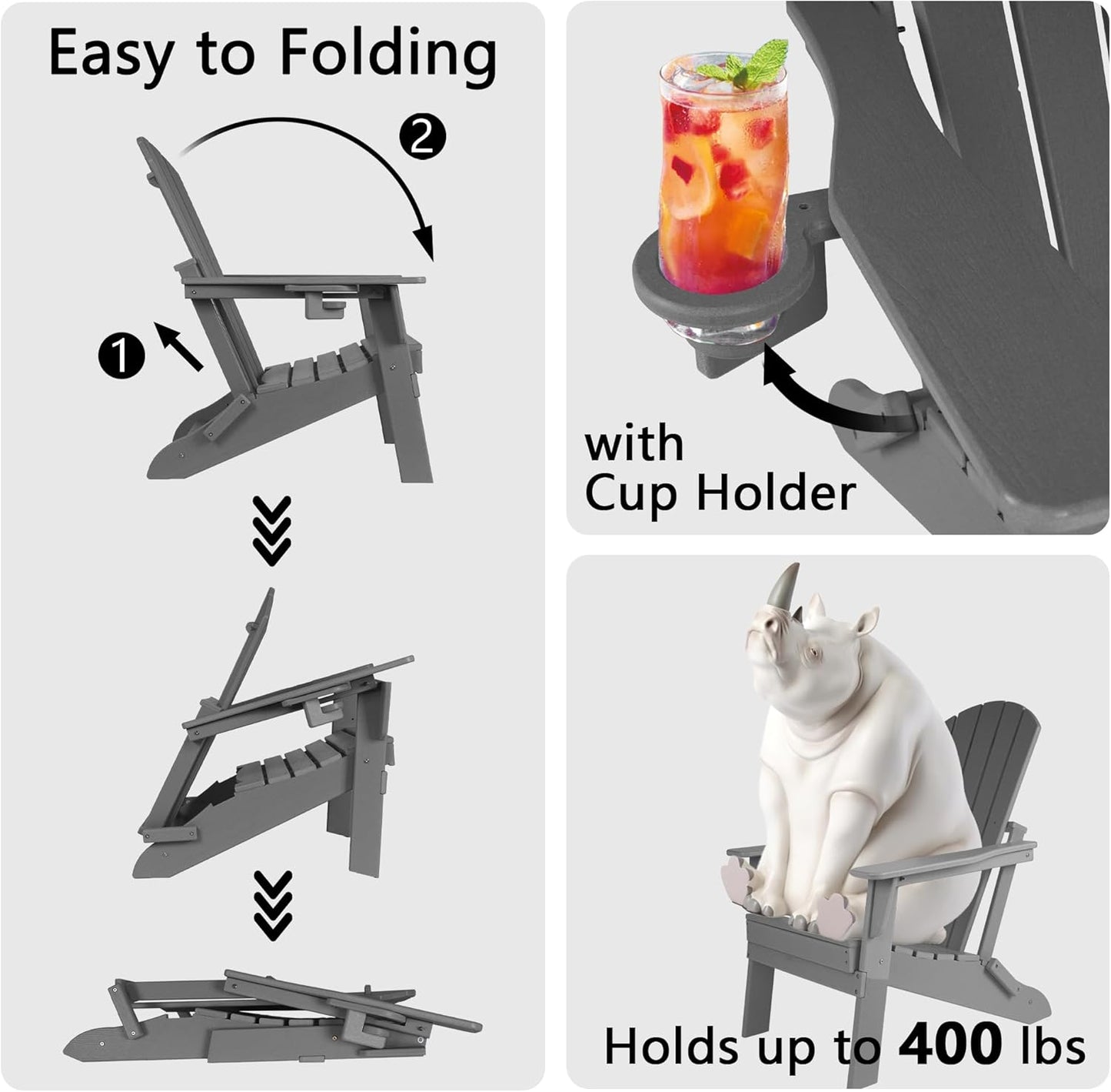 Adirondack Chair Set of 2 – Foldable, All-Weather HDPE Patio Chairs with Cup Holder – Durable & Comfortable Outdoor Seating for Lawn, Deck, and Garden