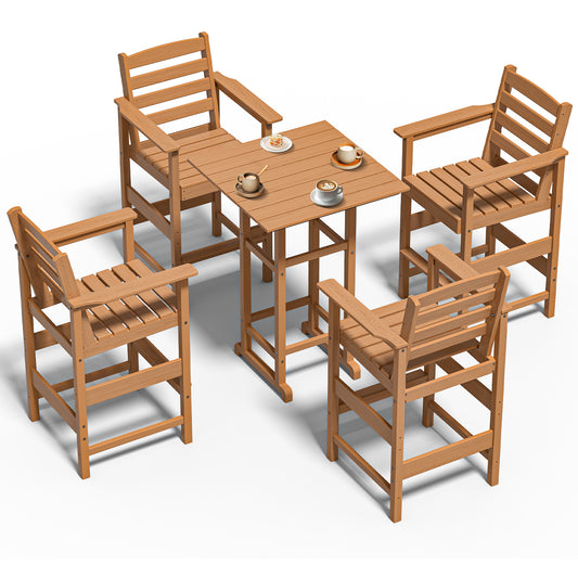 5-Piece HDPE Bar Set – All-Weather Patio Furniture with 4 Tall Chairs & 1 Square Table for Balcony, Garden, or Poolside