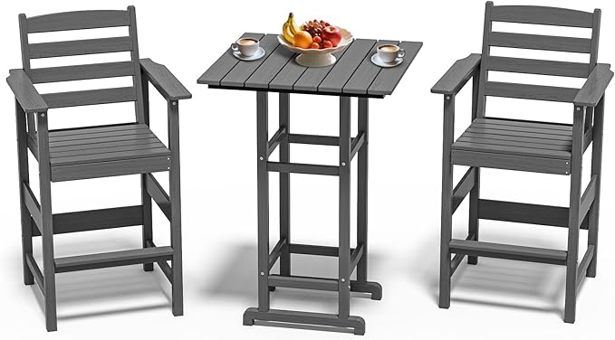 3-Piece Tall Bar Set – HDPE Adirondack Chairs with Bar Table, Weatherproof Patio Furniture for Balcony or Poolside