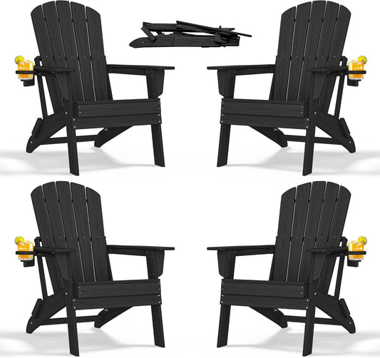 Adirondack Chair Set of 4 – Foldable, All-Weather HDPE Outdoor Chairs with Cup Holders – Comfortable & Durable Patio Seating for Lawn, Garden, Deck