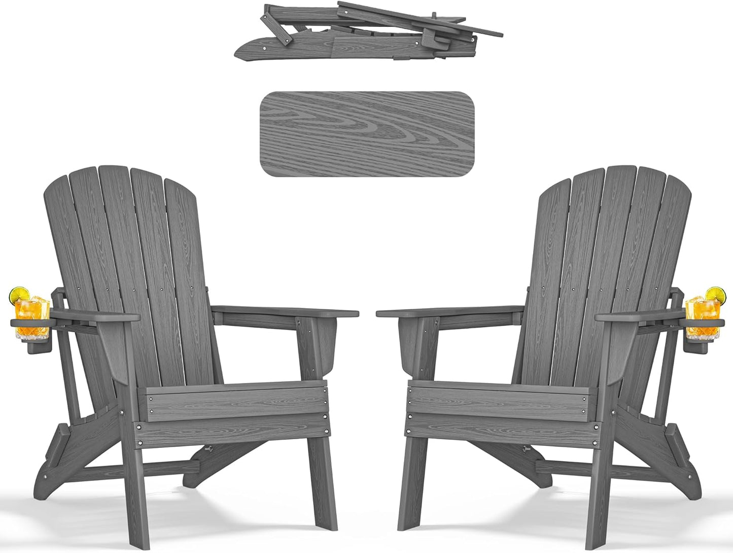 Adirondack Chair Set of 2 – Foldable, All-Weather HDPE Patio Chairs with Cup Holder – Durable & Comfortable Outdoor Seating for Lawn, Deck, and Garden