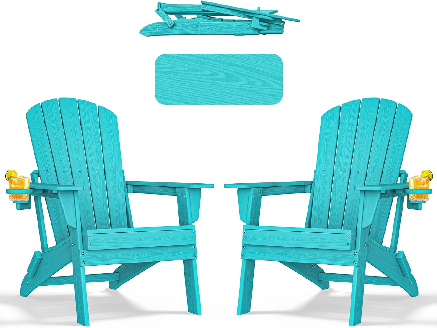 Adirondack Chair Set of 2 – Foldable, All-Weather HDPE Patio Chairs with Cup Holder – Durable & Comfortable Outdoor Seating for Lawn, Deck, and Garden