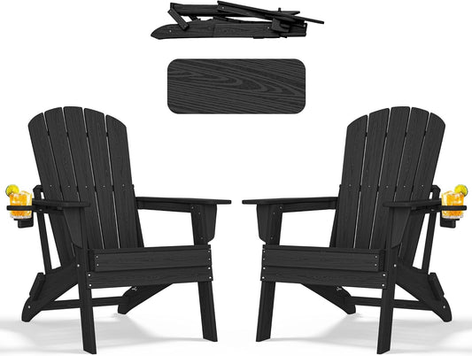 Adirondack Chair Set of 2 – Foldable, All-Weather HDPE Patio Chairs with Cup Holder – Durable & Comfortable Outdoor Seating for Lawn, Deck, and Garden