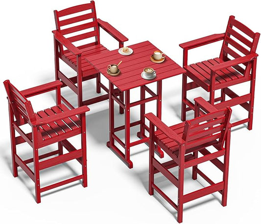5-Piece Bar-Height Adirondack Set – 4 HDPE Chairs & Table, All-Weather Outdoor Patio Furniture